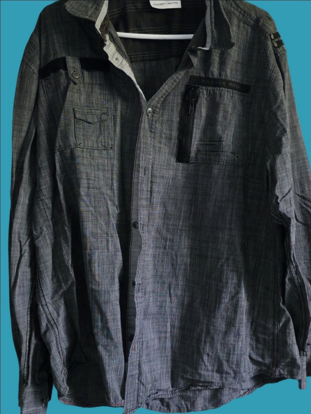 4/$67 Deal! Projek Raw Men's Gray Casual Button-Down Shirt with Zip Chest Pocket